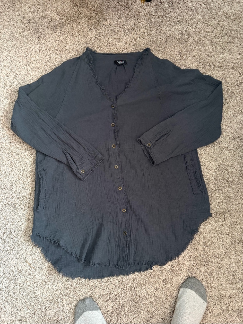GiGo Women’s Dark Charcoal Lightweight Button-Front Long Sleeve Tee With Pockets